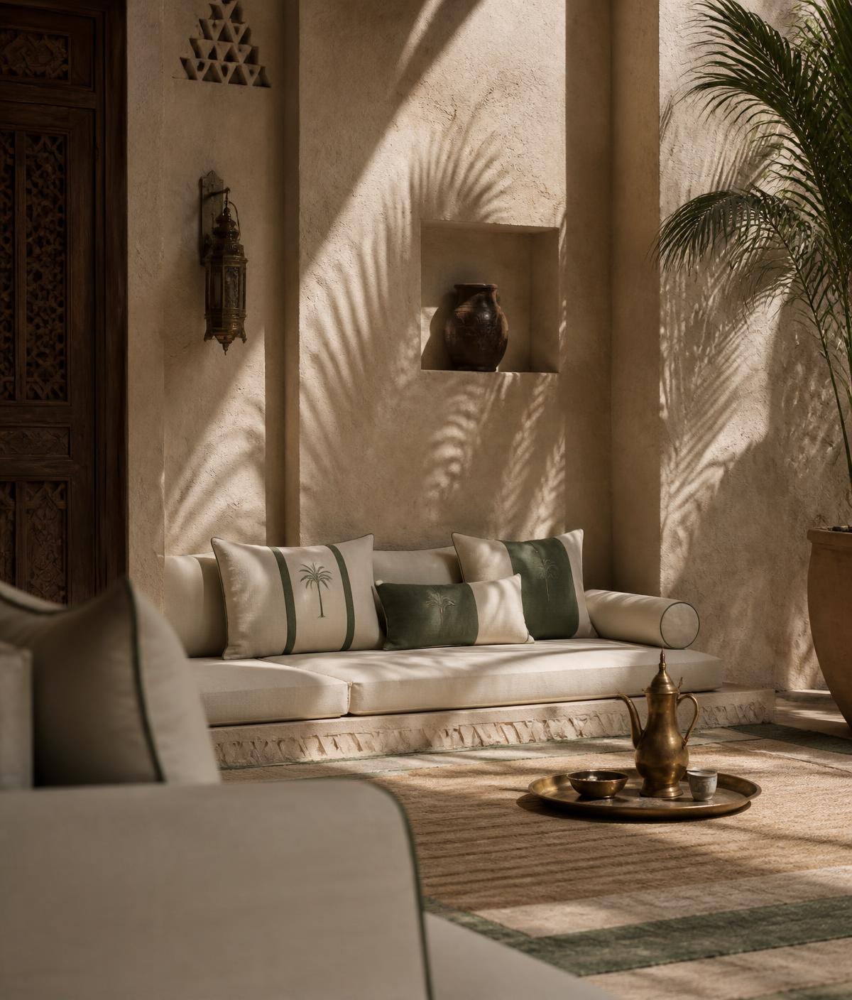 A traditional Saudi majlis with brass coffee service in warm sunlight
